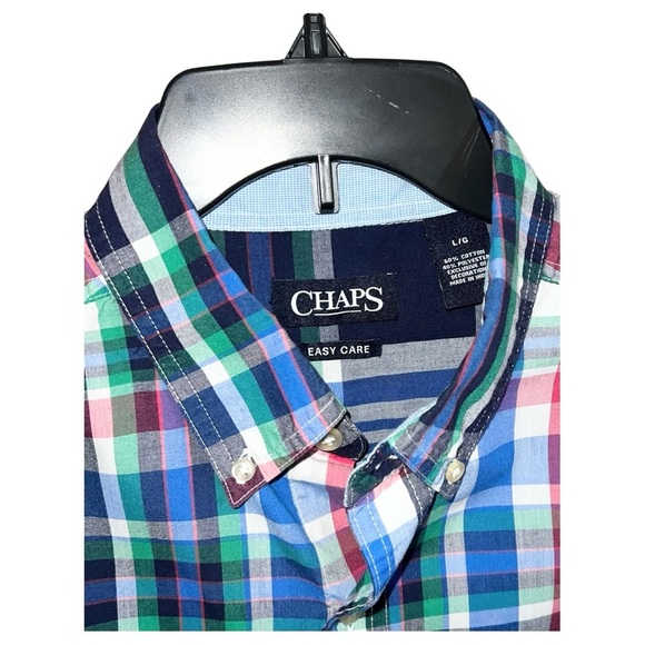 Chaps Shirt Men’s Size L Blue Green White Easy Care Button Front Long Sleeve - Picture 4 of 8